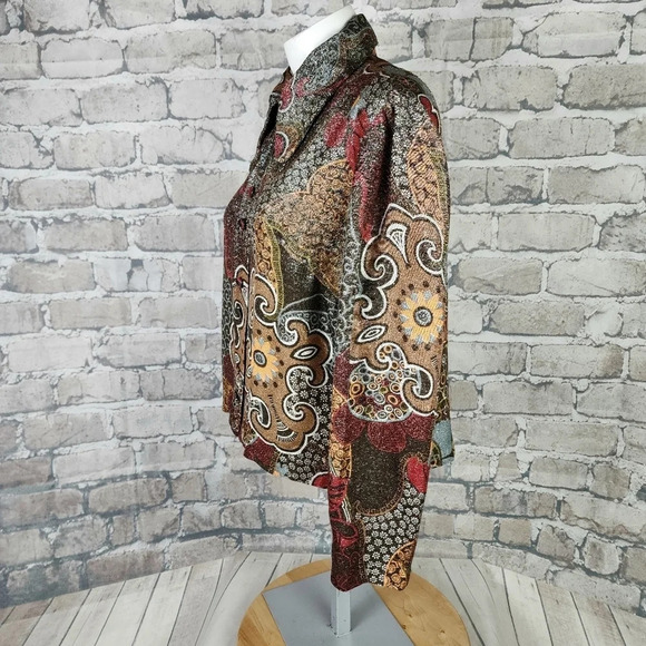 Vintage 1970s Mod Button Front Blouse Swirly Pattern Shimmer Black Brown No Size - Picture 12 of 15